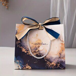 Gift Wrapping Bags (with Two-tone Ribbon) Golden Blue Marble Pattern Paper Bags